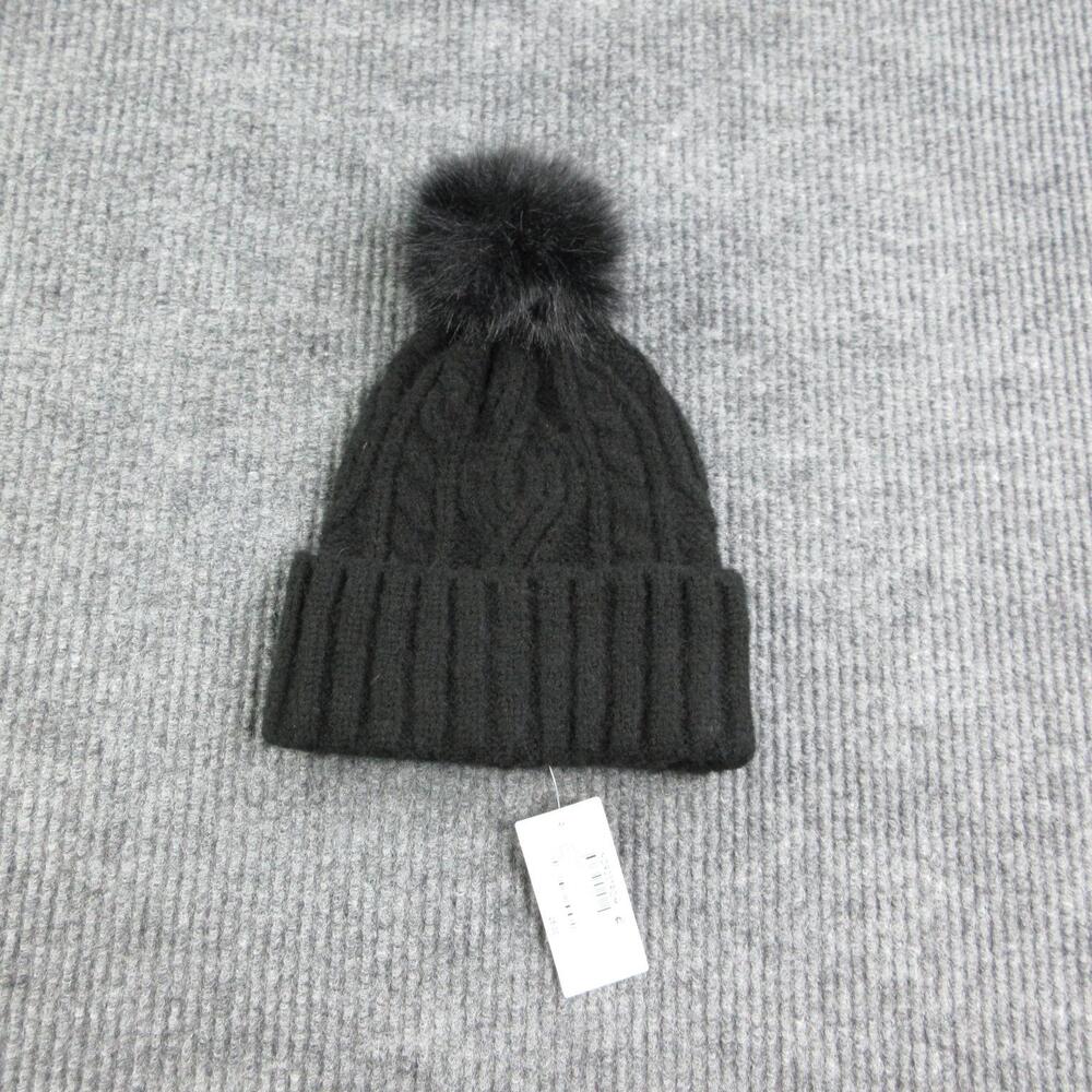 Treasure & Bond Hat Beanie Womens One Size Black Fur Trim Pom Acrylic NWT